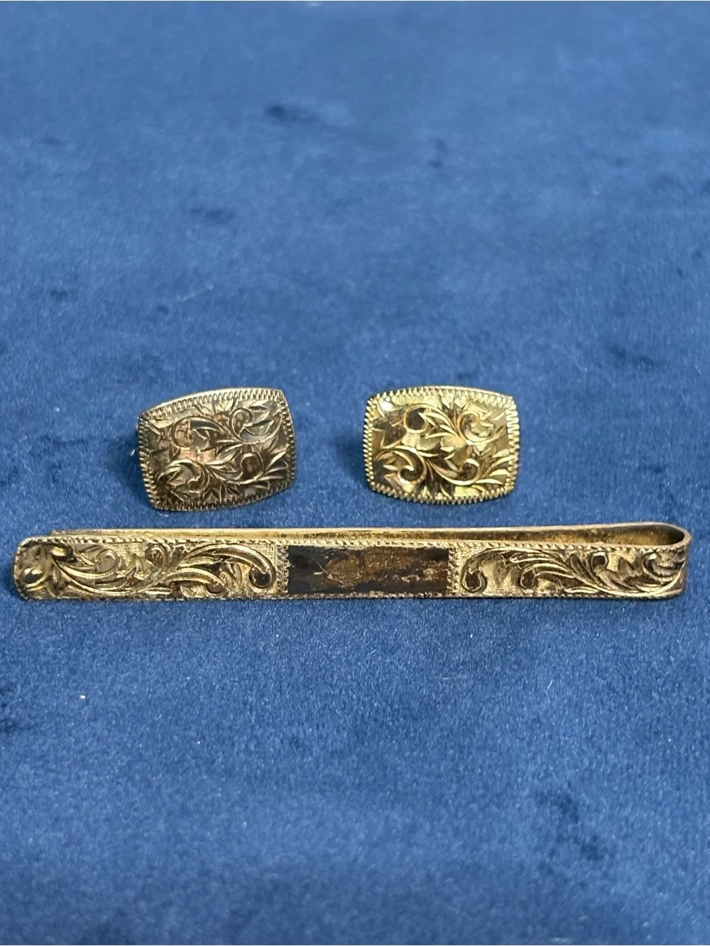 Vintage Silver 950 Engraved Floral Tie Bar & Cufflinks Set Cuff Link